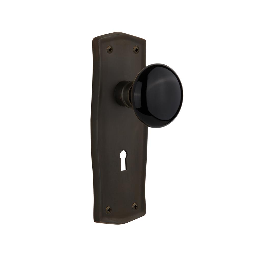 Nostalgic Warehouse PRABLK Mortise Prairie Plate with Black Porcelain Knob with Keyhole in Oil Rubbed Bronze